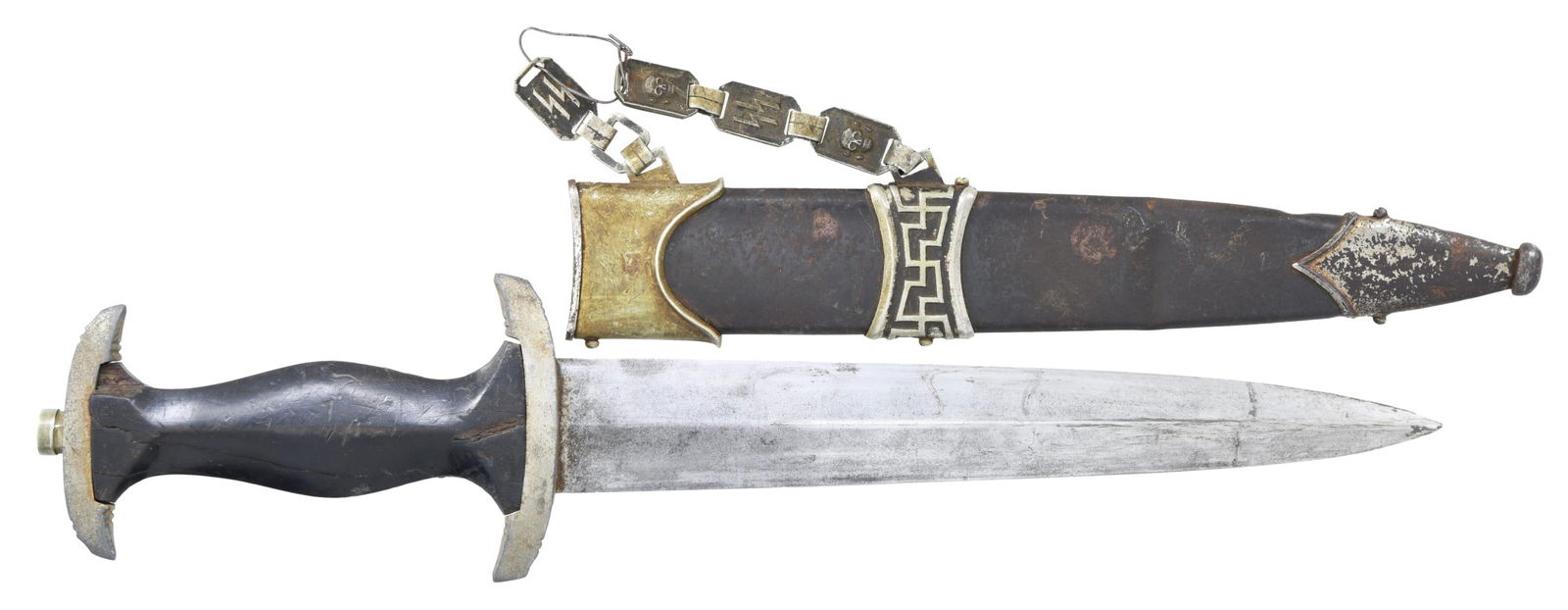 WWII GERMAN CHAINED SS OFFICER'S DAGGER.: This dagger measures 14 5/8" overall and appears to be an early battlefield pickup. The blade is etched "Meine Ehre Heisst Treue." The reverse of the blade is unmarked. Plated crossguard and pommel gu
