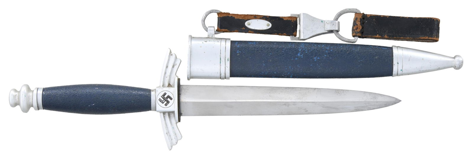 WWII GERMAN DLV DAGGER & HANGER BY HELBIG.: A fine example of a WWII German DLV dagger or knife. It measures 13 3/4" overall with a plain, raised medial ridge blade marked on the reverse "F. & A. HELBIG (logo) STEINBACH KR M." Aluminum crossgua