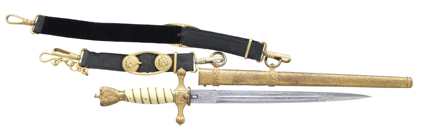 WWII GERMAN NAVAL DAGGER BY PUMA WITH ORIGINAL: HANGERS. This fine dagger measures approx. 16 3/8" overall. It has an etched double fullered blade with a sailing ship on both sides and other nautical and foliate motifs. The reverse is marked "(logo