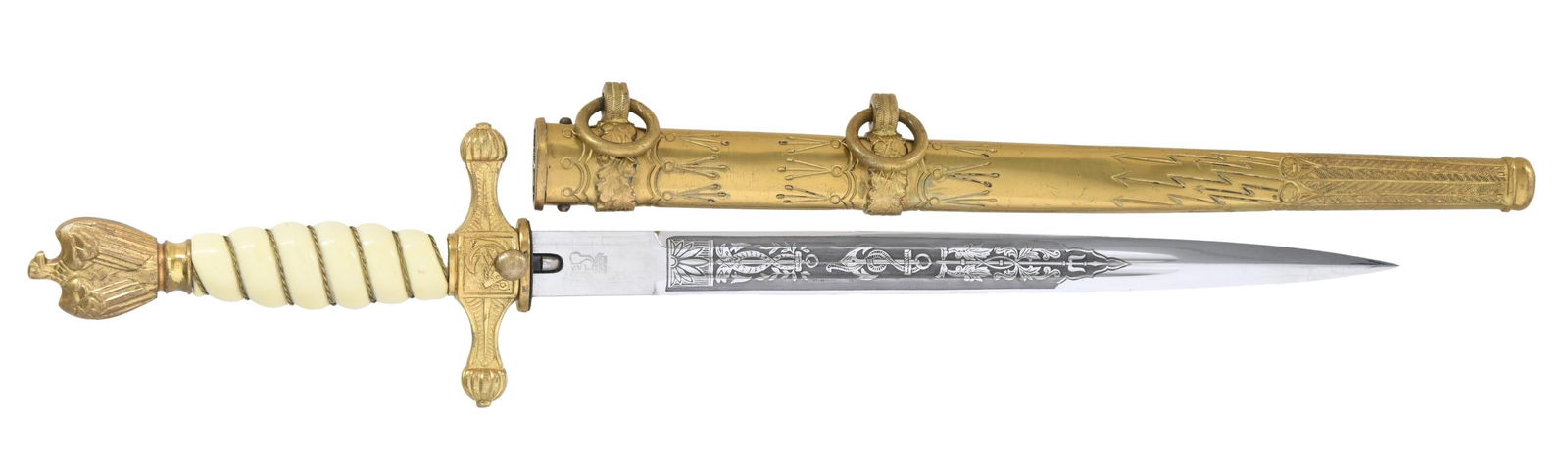 WWII GERMAN NAVAL DAGGER BY EICKHORN.: This fine dagger measures approx. 16 1/2" overall. It has an etched, double-fullered blade with nautical and foliate motifs on both sides. The reverse is marked "(squirrel) ORIGINAL EICKHORN SOLINGEN.