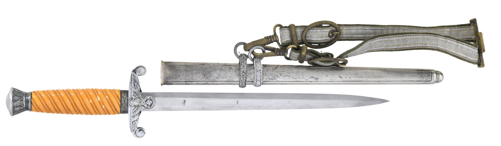 WWII GERMAN ARMY DAGGER BY SMF WITH ORIGINAL: HANGERS. This dagger measures 15 3/4" overall and features a plain blade marked on the reverse "(logo) SMF SOLINGEN." Aluminum eagle crossguard and oak leaf-decorated pommel. Orange composite grip. Pl