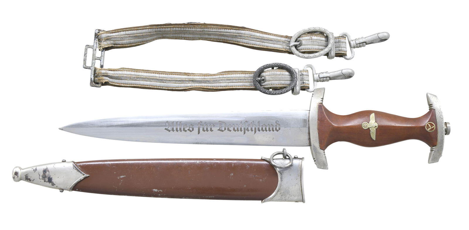WWII GERMAN SA DAGGER & ARMY DAGGER HANGER.: 1) DAGGER. This SA dagger measures 15" overall and has a blade that is etched "Alles fur Deutschland." The reverse of the blade is marked "RZM M7/80." Plated crossguard and pommel guard. Brown wooden