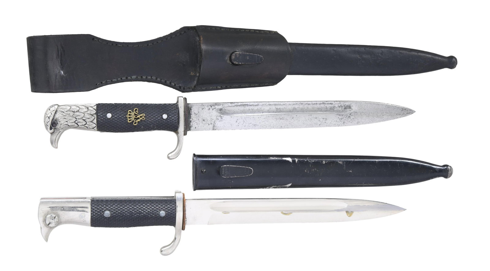 2 GERMAN DRESS BAYONETS.: 1) WWII. This army dress bayonet has an overall length of 13 7/8". It has a single fullered blade marked on the reverse "ROBERT KLAAS (logo) SOLINGEN." Plated guard and pommel. Two-piece black composi