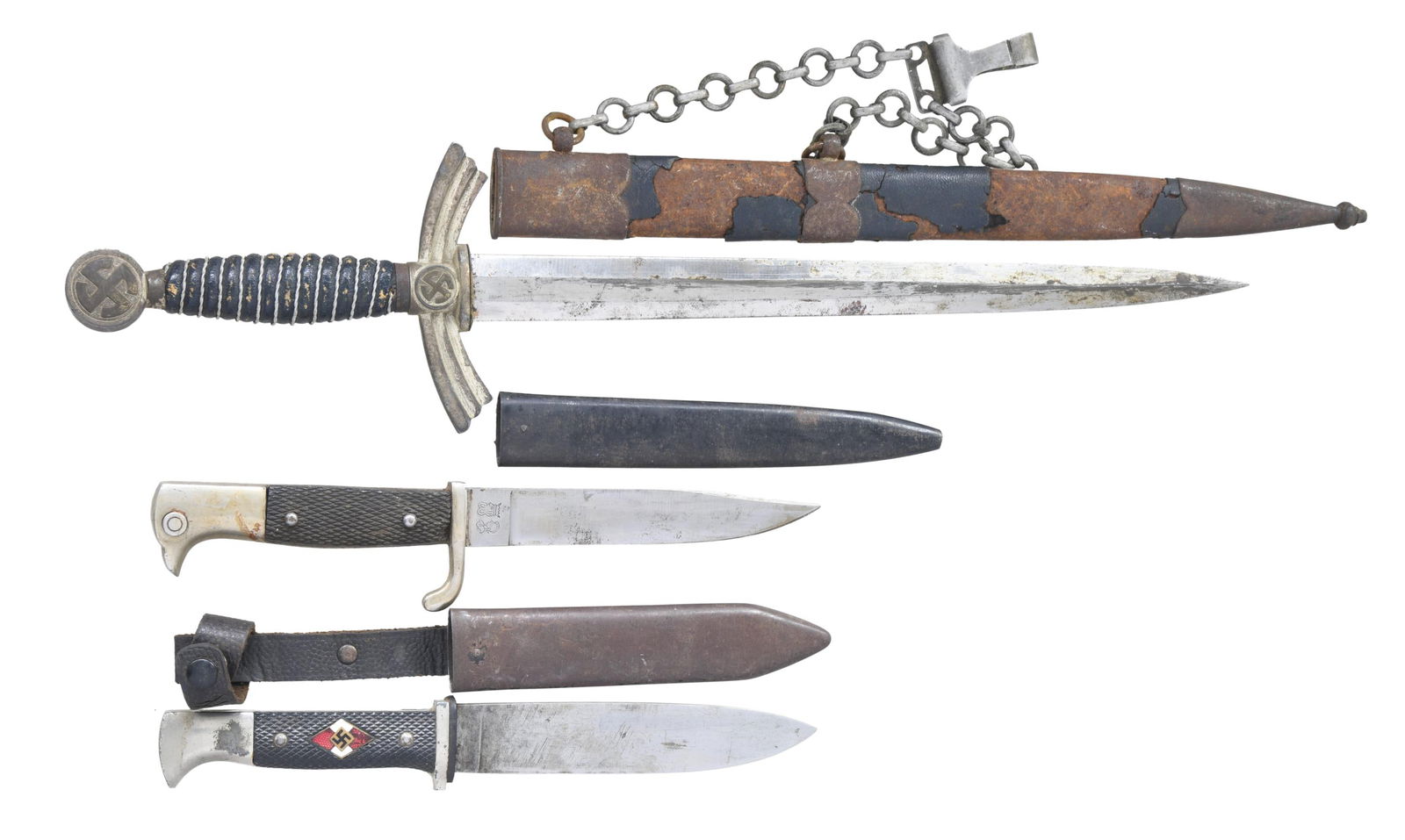 3 WWII ERA GERMAN EDGED WEAPONS.: 1) LUFTWAFFE. An example of a 1st Model Luftwaffe dagger with an overall length of 19 1/4". The blade is marked on the reverse "RICH. ABR. HERDER (logo) SOLINGEN." Plated crossguard and pommel, each w
