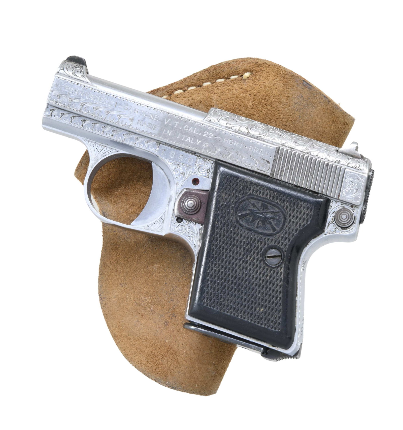 ENGRAVED BERNEDELLI BABY SEMI AUTO PISTOL.: Cal. 22 Short. S# 7858. Bbl. 2". Blade front sight. Square notch rear sight. Right side of frame has Italian PSF proof with "XVI" date for 1960. Nickel finish with scroll engraving. Checkered black gr