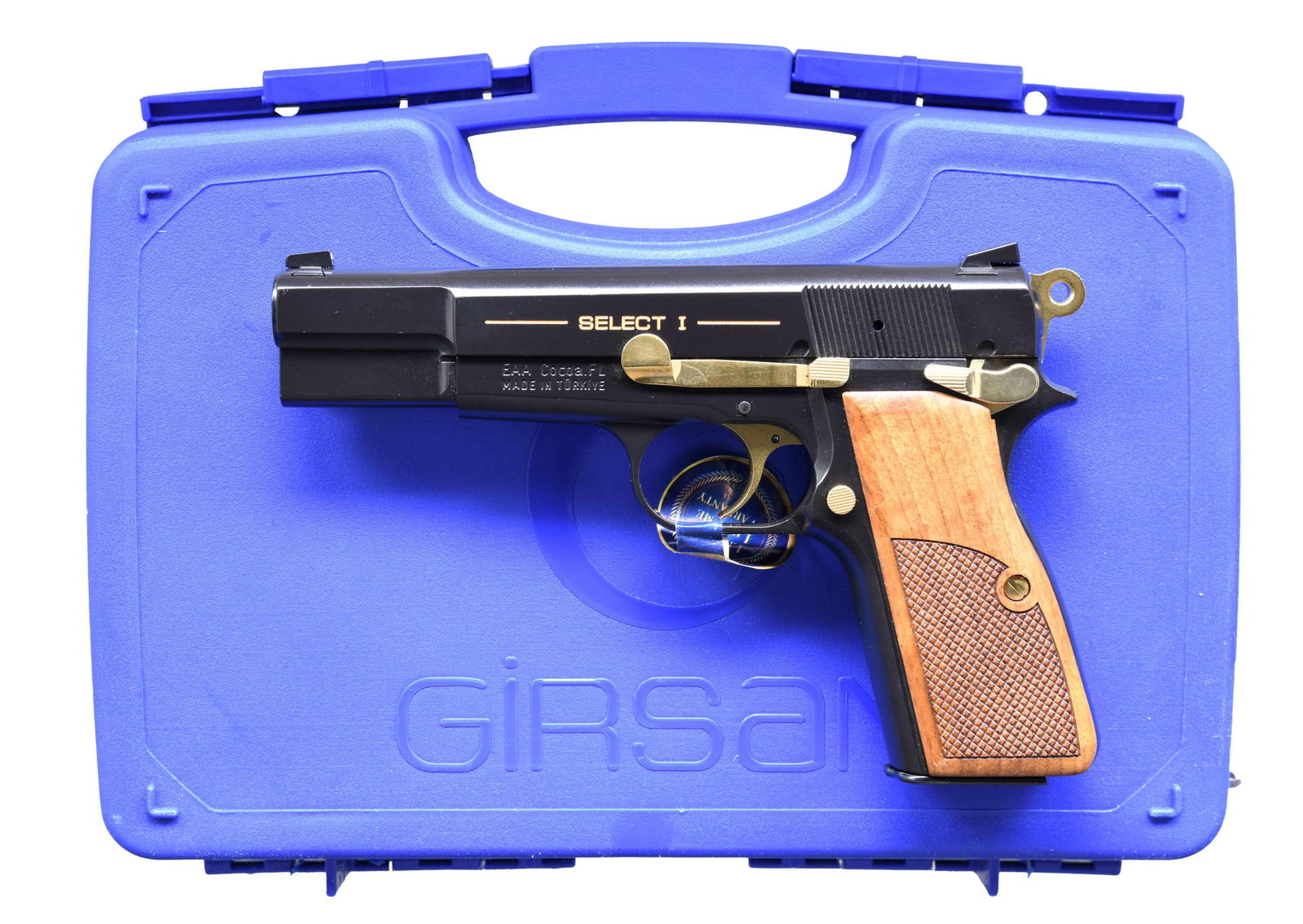 GIRSAN MC P35 SELECT 1 SEMI AUTO PISTOL.: Cal. 9mm Luger. S# T6368-23EU03501. Bbl. 4 5/8". Three dot sights. Turkish made Hi-Power style pistol. Ambi safety. Gloss black finish with gold small parts. Checkered walnut grips. MAGS: 1-15 rd. Mec
