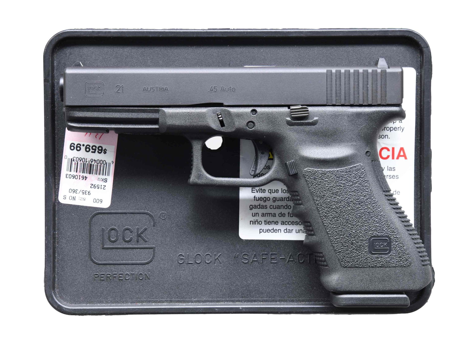 GLOCK 21 SEMI AUTO PISTOL.: Cal. 45 ACP. S# DPS043US. Bbl. 4 5/8". Standard white outline Glock sights. Austrian made Gen 3 Glock 21 pistol. Matte black finish. Polymer frame with finger grooves & accessory rail. MAGS: 2-10 rd. 