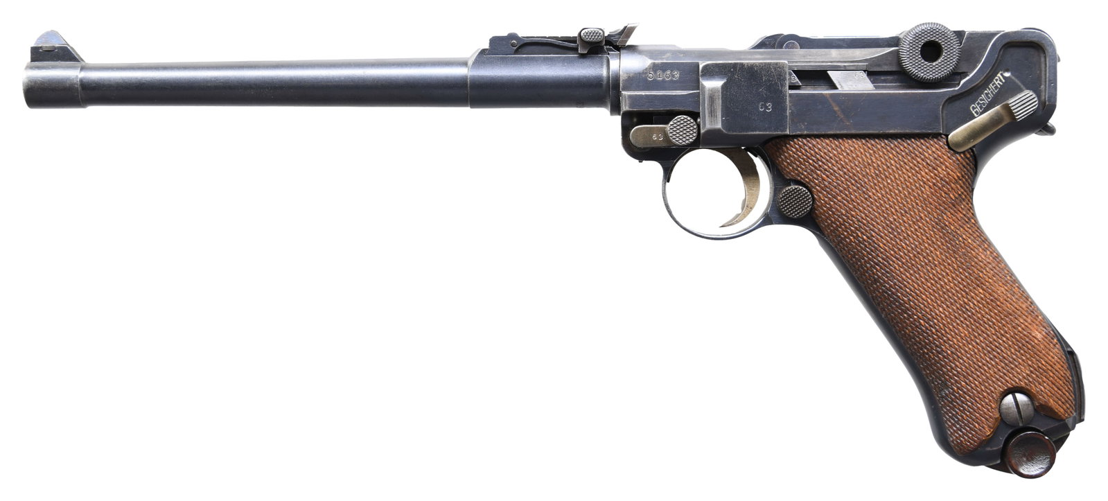 GERMAN WORLD WAR I DWM "1917" DATE LP.08: SEMI-AUTOMATIC PISTOL. Cal. 9mm Luger. S# 5163h. Bbl. 7 7/8". LP.08 semi-automatic pistol mfg. by DWM in 1917 for the Imperial German military. The bbl. extension is marked "1917" over the chamber, wi