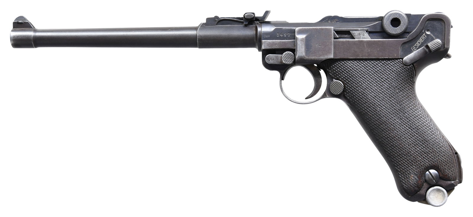 SCARCE THAI CONTRACT MAUSER BANNER LP.08 LUGER: SEMI-AUTOMATIC PISTOL. Cal. 9mm Luger. S# 3490v. Bbl. 7 7/8". 1 of only 100 LP.08 Luger semi-automatic pistol mfg. by Mauser under contract for the Bangkok police in Thailand. The bbl. extension is ma