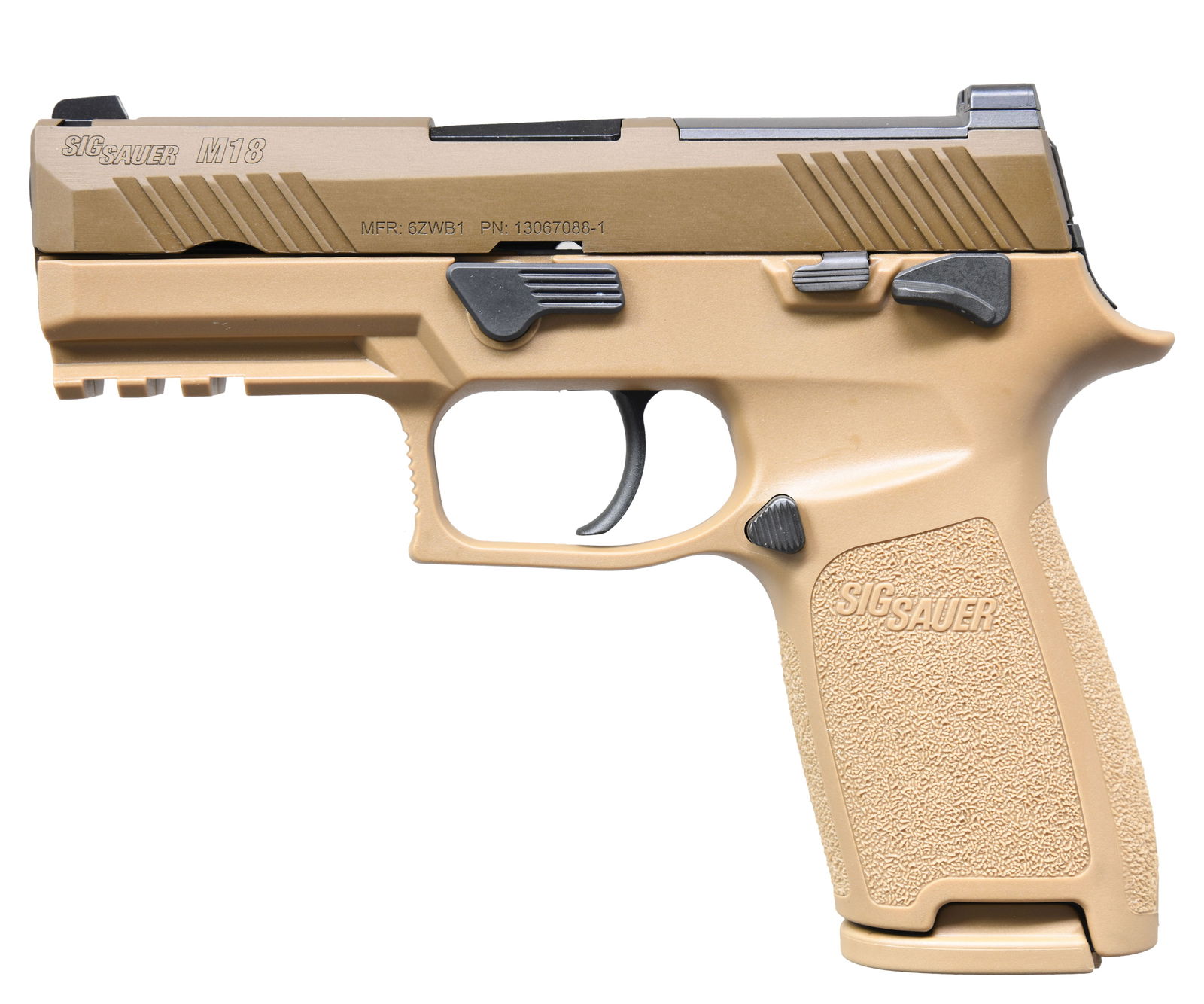 US MILITARY OVERRUN SIG M18 SEMI AUTO PISTOL.: Cal. 9x19. S# TC453392. Bbl. 3 7/8". Three dot night sights. Slide is cut for RMR plate for red dot mounting. US military contract overrun with cage code on left side of slide. The M18 is the sidearm