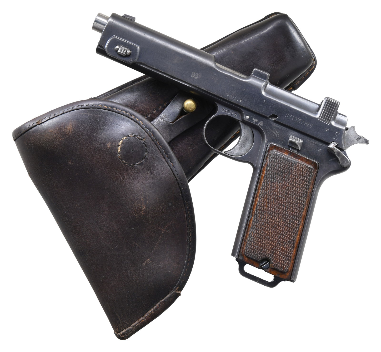 GERMAN POLICE REWORK MODEL 1912 STEYR-HAHN: SEMI-AUTOMATIC PISTOL WITH HOLSTER. Cal. 9mm Luger. S# 8183n. Bbl. 5 1/8". Model 1912 Steyr-Hahn semi-automatic pistol mfg. by Steyr in 1916, accepted into Austrian military service in 1916, and subse