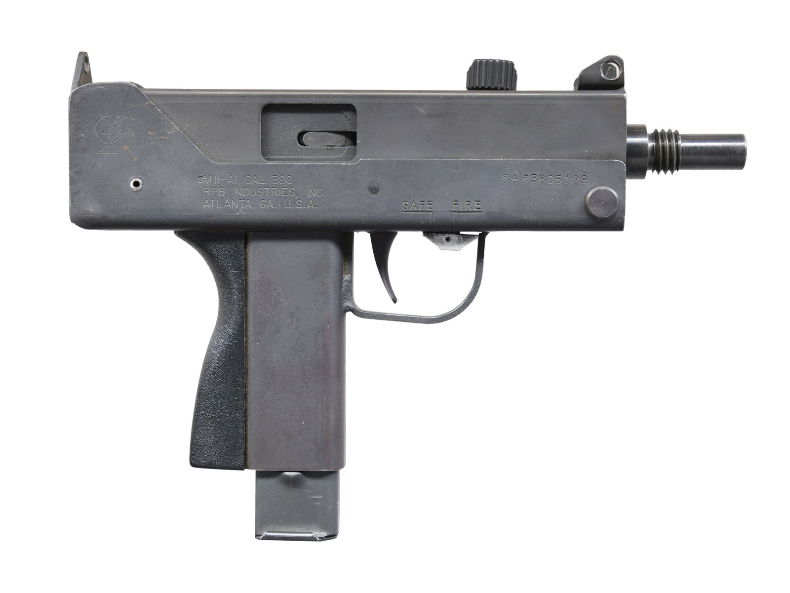 SCARCE, OPEN BOLT RPB MODEL SM11-A1 PISTOL.: Cal. 380. S# SAP3805129. Bbl. 5". RPB's entry into the "Micro Mac" semiautomatic pistol market was the tiny M11-A1, open bolt pistol, chambered in .380 ACP. It was designated the M11-A1 so as not to b