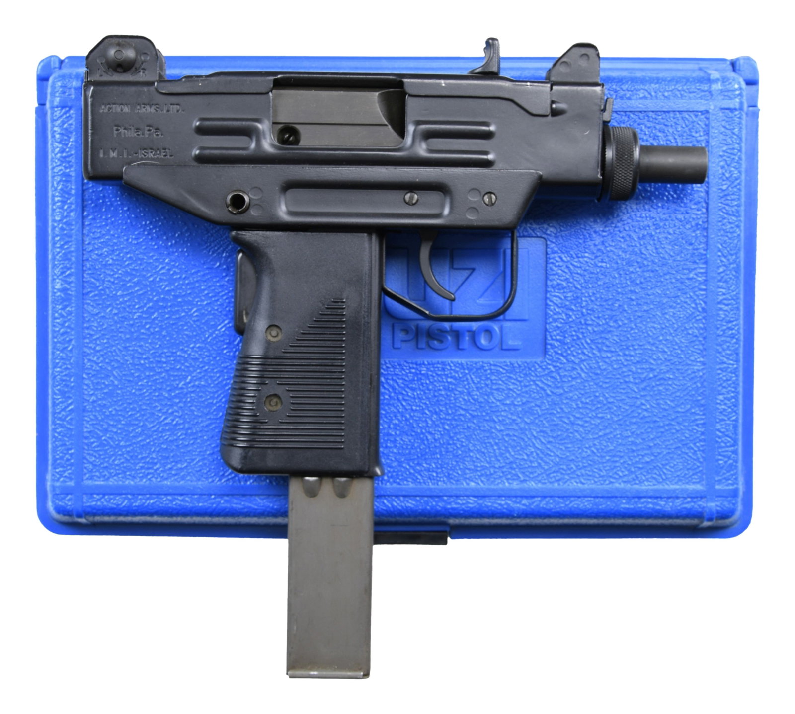 DESIRABLE IMI UZI PISTOL W/ CASE & 3 MAGS.: Cal. 9mm. S# UP04765. Bbl. 4 1/2". Action Arms Ltd./IMI UZI pistol. Semi automatic variant of the exotic micro UZI SMG. 3 Dot sight system. Elevation adj. protected post front sight. Windage adj. rear