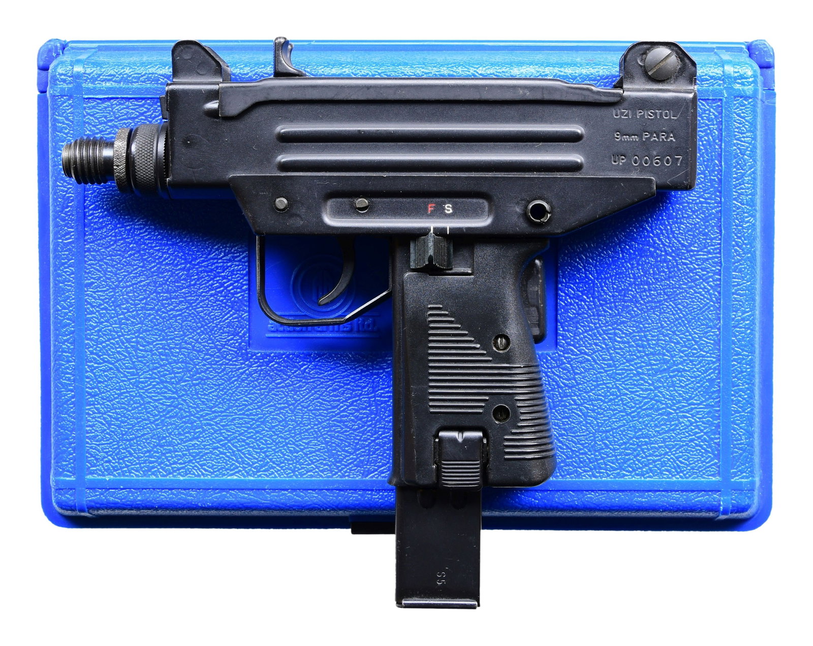 VERY NICE ACTION ARMS / IMI 9MM UZI PISTOL: Cal. 9mm. S# UP00607. Bbl. 4 1/2". Action Arms Ltd./IMI UZI pistol. Semi automatic variant of the exotic micro UZI SMG. 3 Dot sight system. Elevation adj. protected post front sight. Windage adj. rear