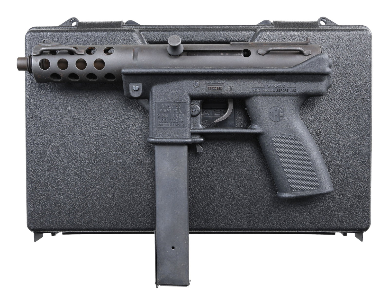 ORIGINAL INTRATEC TEC-9 PISTOL IN ORIGINAL BOX.: Cal. 9mm. S# 124613. Bbl. 5". Interdynamic of Sweden originally mfg. the KG-9 in its semi auto configuration as a simple blowback operated, open bolt design. Following the 1982 BATF ruling outlawing o