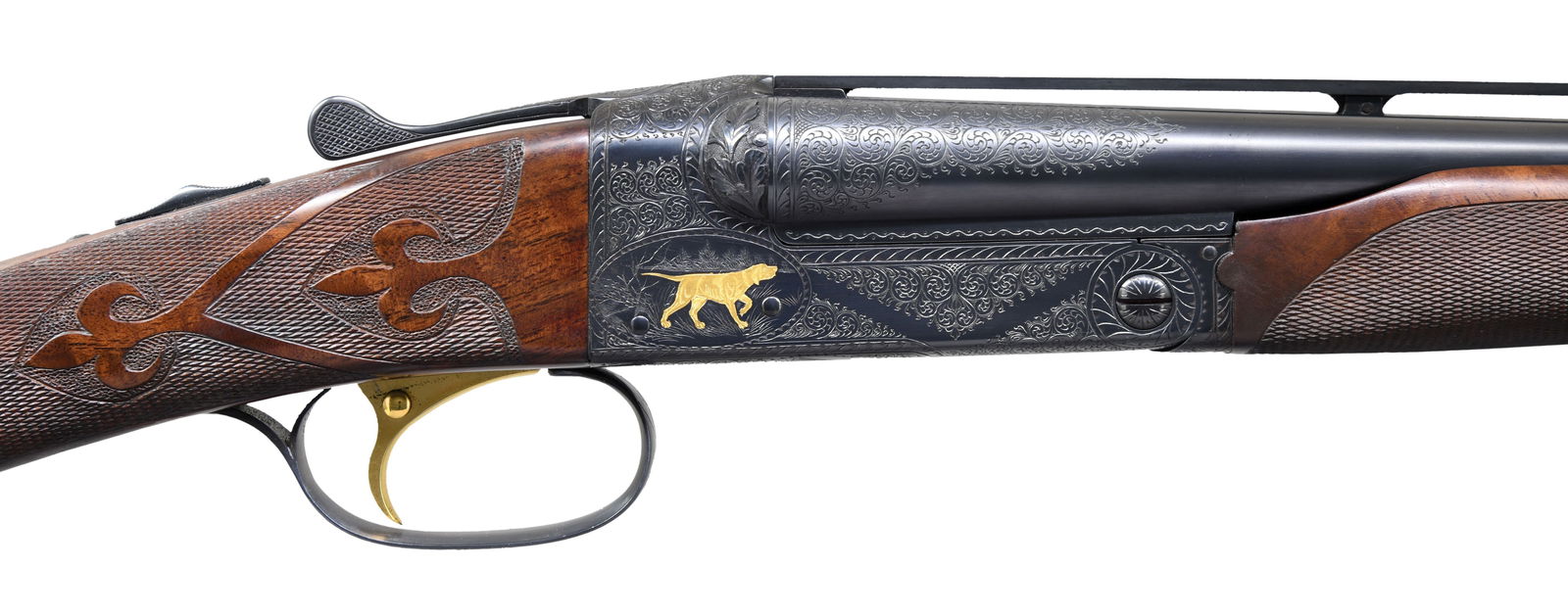CMSC MODEL 21 "GRAND AMERICAN" 20 GA./410 TWO: BARREL SET WITH CASE. Cal. 410 3"/ 20ga 2 3/4". S# W38111. Two sets of 28" bbls fitted w/ raised matted vent ribs have 3 1/2" triangles of scroll engraving at breech ends. Bbl flats are engine turned.