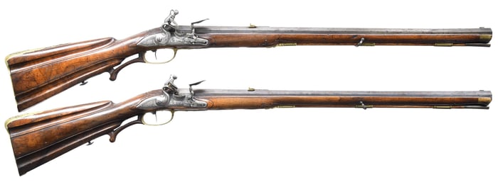 INCREDIBLE MATCHED PAIR OF EARLY FLINTLOCK JAEGER