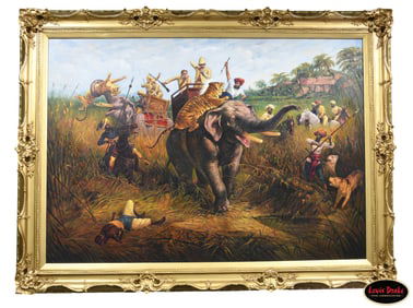 MONUMENTAL INDIAN SAFARI OIL PAINTING.