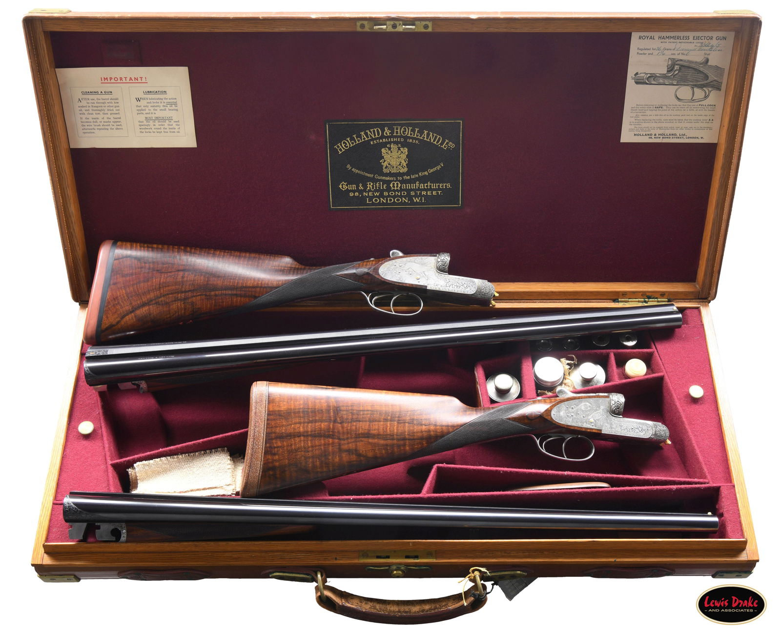 SPECTACULAR PAIR OF H&H MODEL DELUXE SELF OPENING: SIDELOCK EJECTOR DOUBLE TRIGGER HEAVY PROOF GAME GUNS MADE FOR R.A.F. WING COMMANDER WOJCIECH KOLACZKOWSKI WITH ORIGINAL CASE & ACCESSORIES. Cal. 12 Ga. 2-3/4" (BOTH). 1. S# 33664 & 2. S# 33665 (1948)