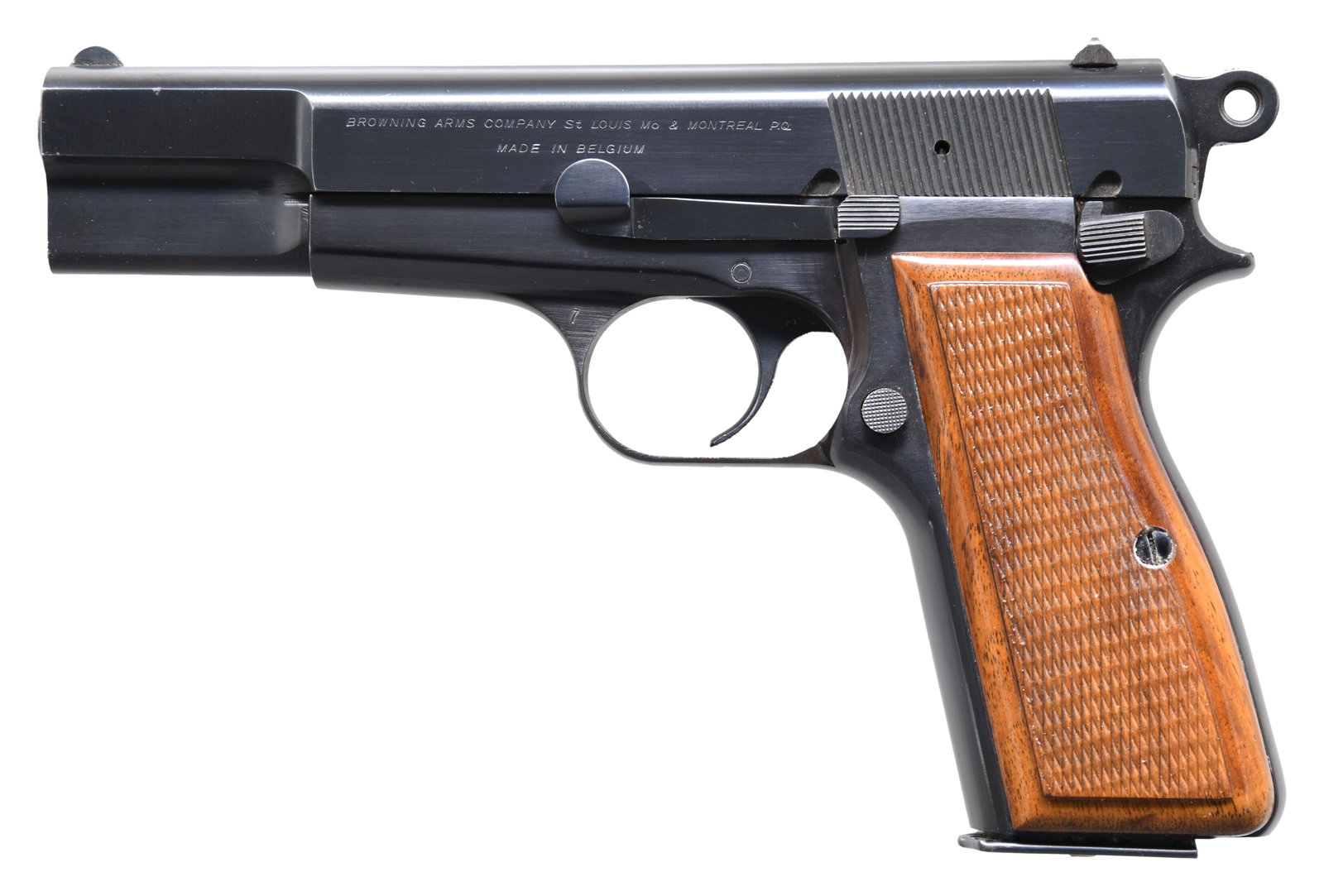 VERY NICE 1969 BELGIAN BROWNING HI POWER: SEMI-AUTOMATIC PISTOL WITH SOFT CASE & FATORY LETTER. Cal. 9x19mm. S# 69C24539. Bbl. 4 5/8". Hi Power semi-automatic pistol mfg. in Belgium and imported by Browning Arms Company in 1969. Left side of 