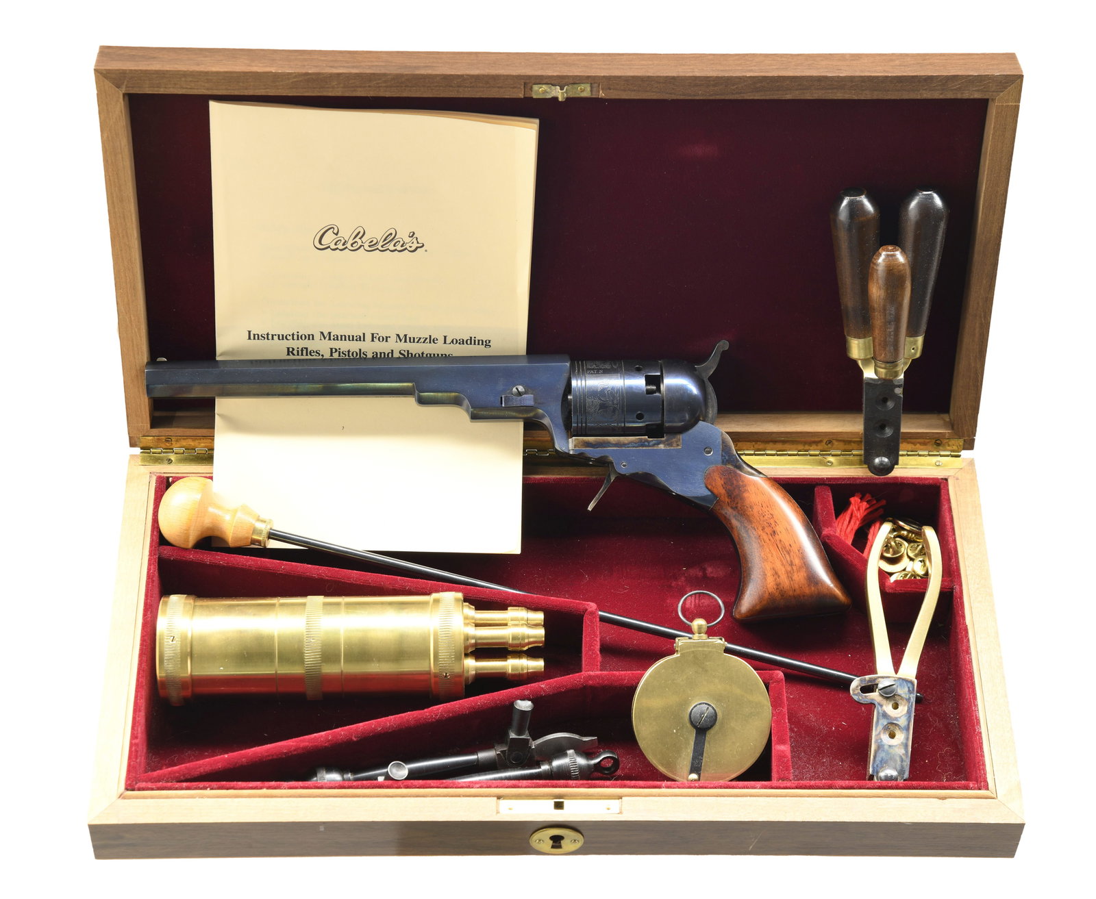 UBERTI REPRODUCTION COLT PATERSON SINGLE ACTION: PERCUSSION REVOLVER WITH CASE & ACCESSORIES. Cal. 36. S# 252. Bbl. 7 1/2". Reproduction Colt Paterson single action percussion revolver, mfg. by Uberti in 1990. Top flat of the faceted bbl. is marked 