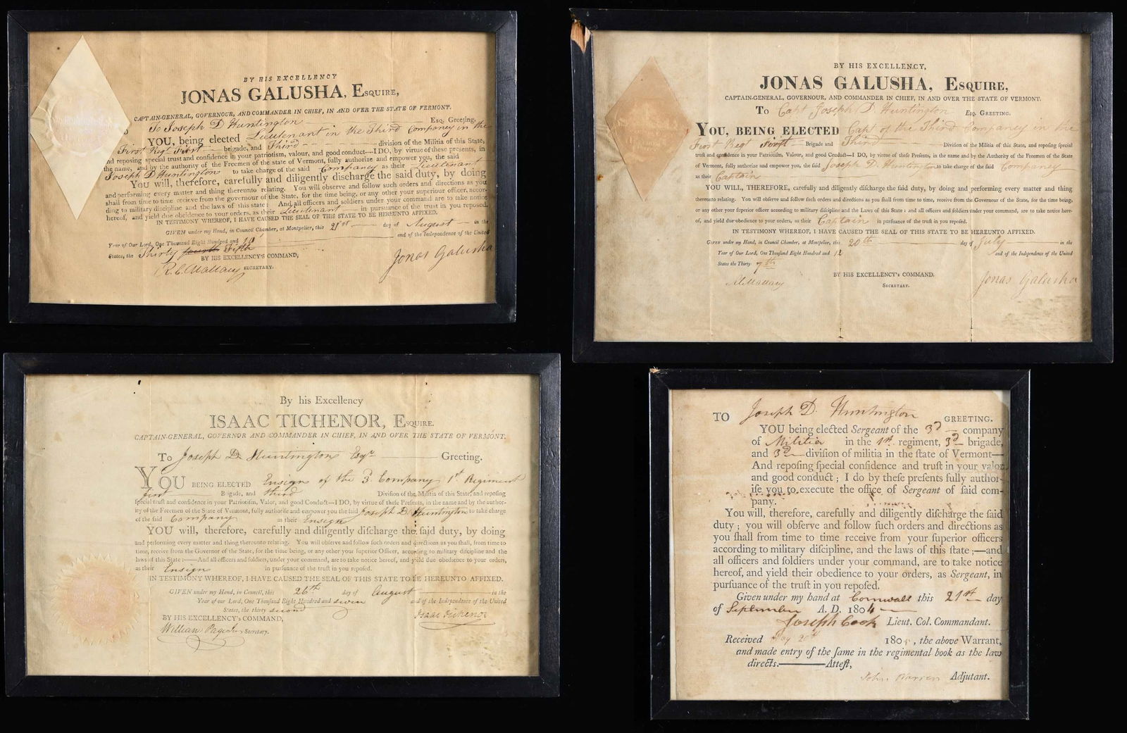 GROUP OF 4 WAR OF 1812 ERA "GREEN MOUNTAIN BOYS": MILITARY APPOINTMENTS. Joseph D. Huntington (1778-1862) entered service in 1804 as sergeant, appointed ensign in 1807, lieutenant 1811, and captain 1812. The last 3 signed by Vermont governors Isaac T