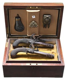 PAIR OF FLINTLOCK SCREW BARREL POCKET PISTOLS WITH