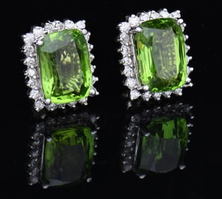PAIR OF 14K WHITE GOLD PERIDOT & DIAMOND EARRINGS.