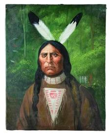 OIL ON CANVAS PORTRAIT OF AN INDIAN CHIEF.