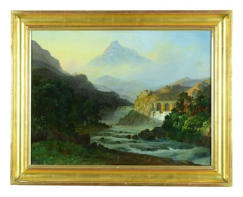 VIEW OF A CASTLE IN MOUTAIN LANDSCAPE.