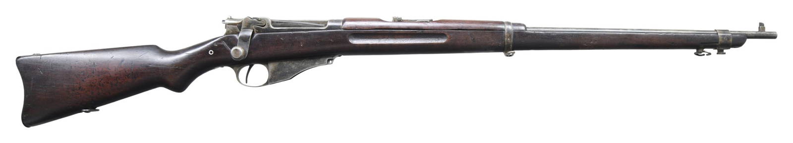 U.S. WINCHESTER MODEL 1895 LEE NAVY STRAIGHT PULL: BOLT ACTION RIFLE. Cal. 6mm Lee Navy. S# 11303. Bbl. 28". Receiver ring is marked on top w/ white enhancement "U.S.N. / T / 11303 / N.C.T.". Receiver is marked on left side w/ "WINCHESTER REPEATING AR