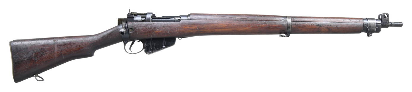 WW2 BRITISH NO. 4 MK I ENFIELD BOLT ACTION RIFLE.: Cal. 303 Brit. S# E6443. Bbl. 25 1/2" with Century import marking. Blade front sight with protective ears. MK3 ladder aperture rear sight graduated to 1300yds. All visible matching numbers as-arsenal