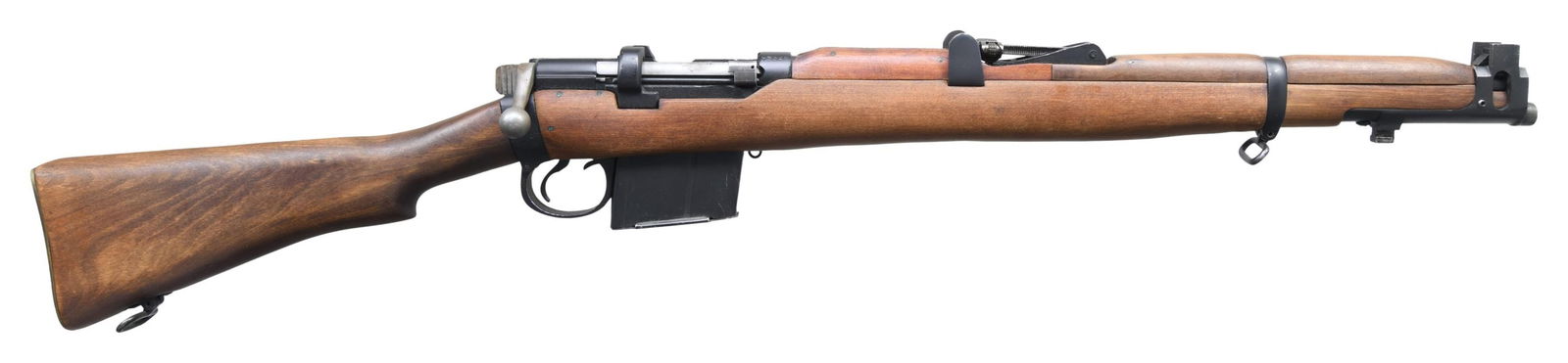 ISHAPORE 2A1 "TANKER" BOLT ACTION RIFLE.: Cal. 7.62x51. S# Y5329. Bbl. 20". Blade front sight with protective ears. Tangent rear sight graduated to 800yds. Matching numbers on rear sight & receiver. Other visible parts are mismatched. Shorten