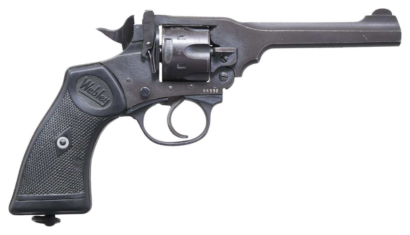 SINGAPORE POLICE MARKED WEBLEY MARK IV DOUBLE: ACTION REVOLVER. Cal. 38/200. S# 68332. Bbl. 5". Mark IV double action revolver mfg. by Webley & Scott. Top of the bbl. is marked "WEBLEY & SCOTT LTD/ MADE IN ENGLAND, with "MARK IV .38" marked on the