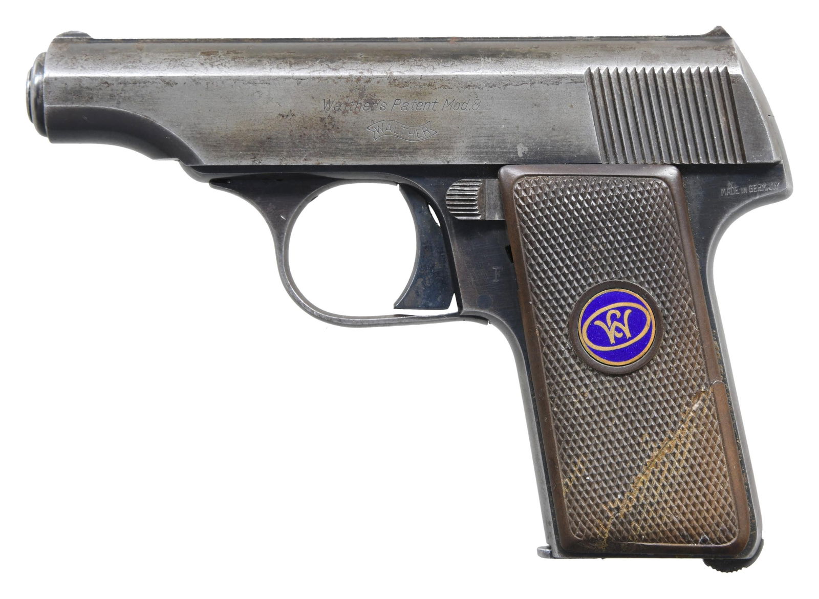 WALTHER MODEL 8 SEMI-AUTOMATIC PISTOL.: Cal. 6.35mm. S# 396854. Bbl. 3 7/8". 1st variation Model 8 semi-automatic pistol mfg. by Walther, circa. 1920-1926. Left side of the slide is marked "Walther's Patent Mod.8" above the Walther banner l
