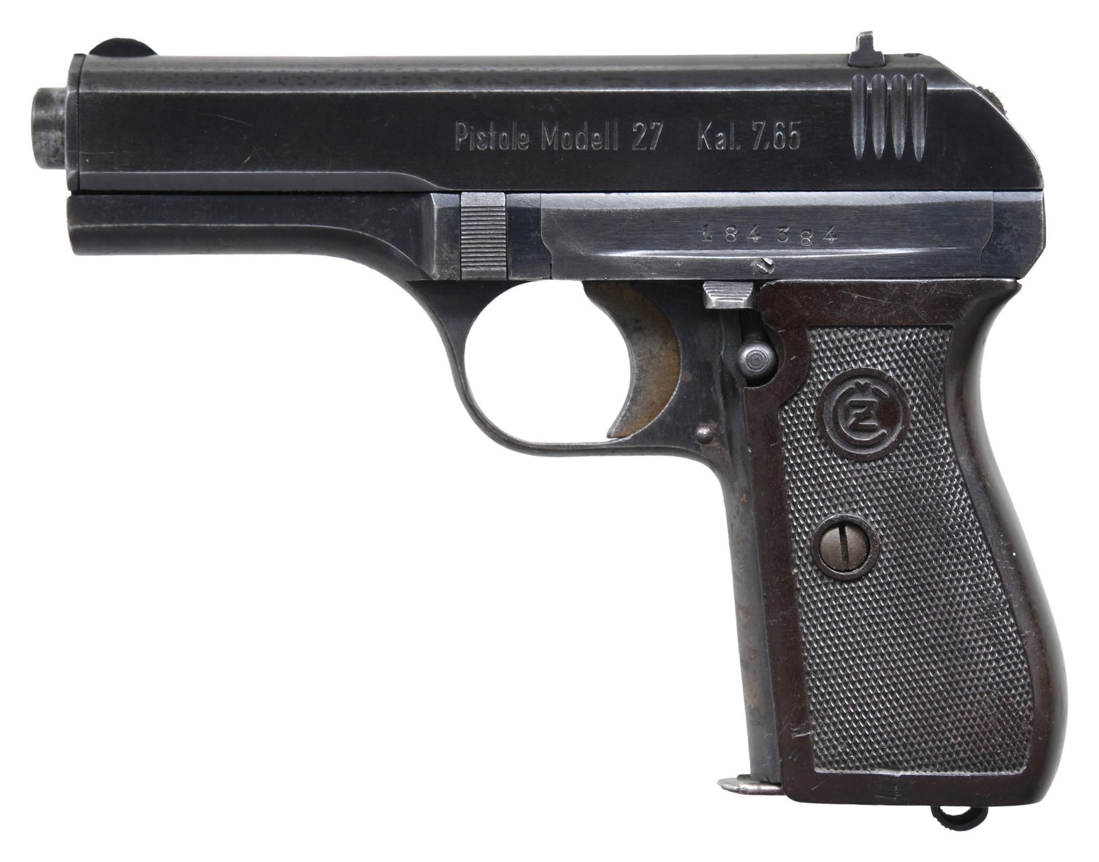 GERMAN OCCUPATION CZ27 SEMI-AUTOMATIC PISTOL.: Cal. 7.65mm. S# 184384. Bbl. 3 3/4". CZ27 semi-automatic pistol mfg. in Czechoslovakia by CZ while under German occupation during World War II. Left side of the slide exhibits standard markings denoti