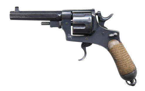 ITALIAN WWI BRESCIA "1918" DATE MODEL 1889 BODEO: DOUBLE ACTION REVOLVER. Cal. 10.35mm. S# AE7360. Bbl. 4 1/2". Model 1889 Bodeo double action revolver mfg. at the Brescia arsenal in 1918. Left side of the frame retains traces of its mfg. information