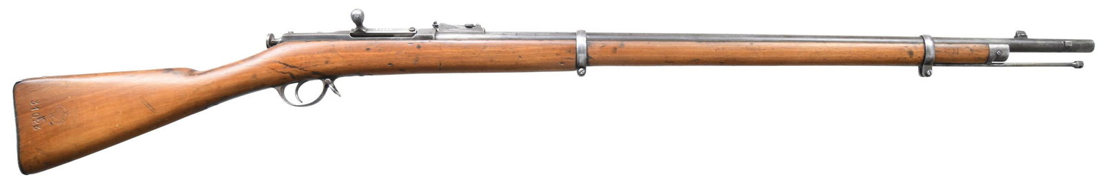 RUSSIAN BERDAN II SINGLE SHOT BOLT ACTION RIFLE.: Cal. 11mm Berdan. S# 31023. Bbl. 32 1/2". Blade front sight. Ladder rear sight graduated to 1500 Arshins. Matching numbers on bolt parts, right side of butt stock, buttplate & bbl. Left side of receiv