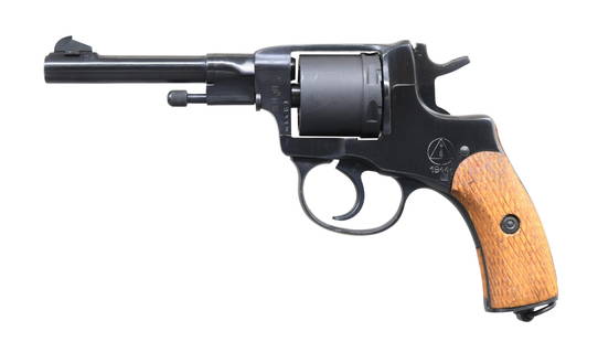 RUSSIAN IZHEVSK "1944" DATE MODEL 1895 NAGANT: DOUBLE ACTION REVOLVER. Cal. 7.62mm Nagant. S# WB463. Bbl. 4 1/2". Model 1895 Nagant double action revolver mfg. at the Izhevsk arsenal in 1944 and later imported by Century Arms. Left side of the fra