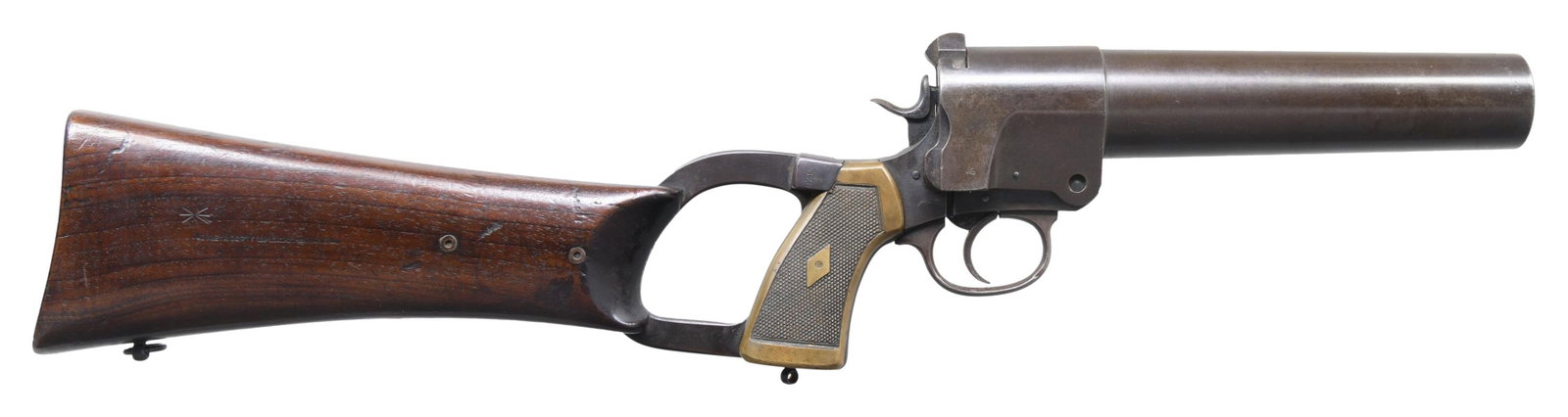WWI ERA WEBLEY & SCOTT NO.1 MK1 FLARE GUN.: Cal. 37mm. S# 15128. All visible numbers match. Bbl. 10" smooth bore. These single shot break-open flare guns were developed during WWI & were used by the Royal Flying Corp. They were later sold in th