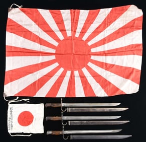 3 JAPANESE BAYONETS AND 2 FLAGS