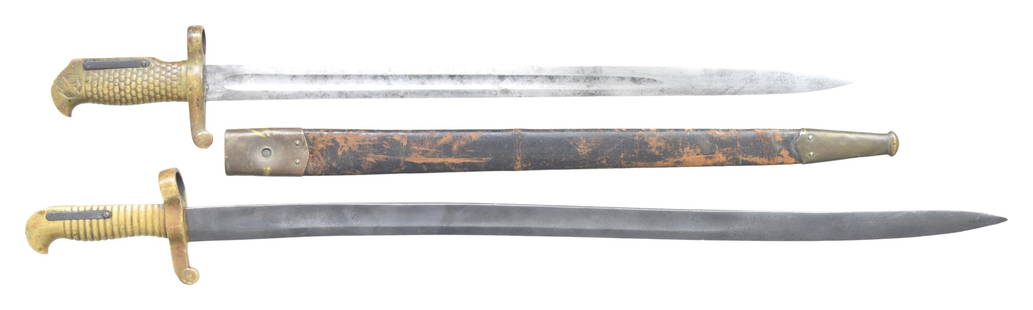 2 US SWORD BAYONETS: This group contains 1 / US M1841 saber bayonet by Remington Measuring 30 3/8" overall with a 25 1/2" blade. The plain blade has a single fuller and is stamped "1861" at the ricasso. The solid brass hi