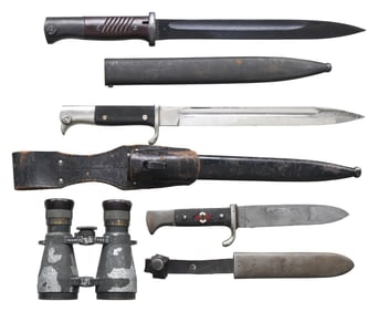 2 WWII GERMAN BAYONETS, HJ KNIFE AND BINOCULARS
