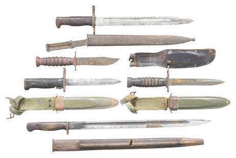 LOT OF 5 ASSORTED BAYONETS & KNIVES.: This lot consists of the following bayonets & knives: 1) US M6 bayonet. Crossguard has Milpar marking. Blade has been thinned & altered. M8A1 scabbard made by PWH with canvas frog. CONDITION: grip pan