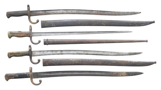 LOT OF 4 BAYONETS.: This lot consists of the following bayonets: 1) French 1866 bayonet. Mismatched scabbard present. CONDITION: metal of bayonet & scabbard are overall oxidized patina with faint markings & dings. 2) Fre
