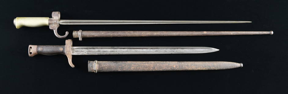 LOT OF TWO WW1 ERA FRENCH BAYONETS.: This lot consists of the following French bayonets: 1) 86/93 Lebel bayonet with mismatched scabbard. CONDITION: blade remains partially bright with scattered oxidation. Scabbard & grips are a dull gra