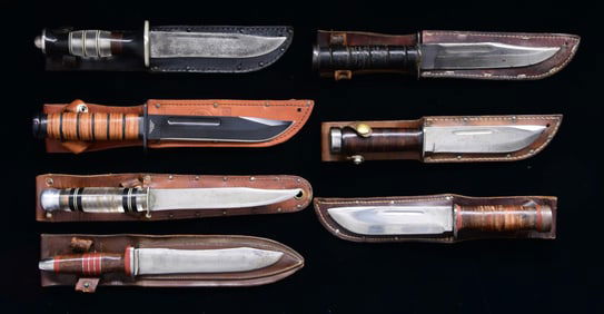 FINE GROUP OF 6 WW2 THEATER MADE FIGHTING KNIVES.
