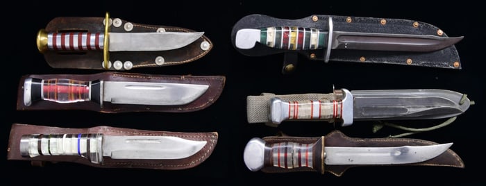 FINE GROUP OF 6 WW2 THEATER MADE FIGHTING KNIVES.