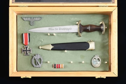 WWII GERMAN NSKK DAGGER WITH BADGES, A MEDAL, AND