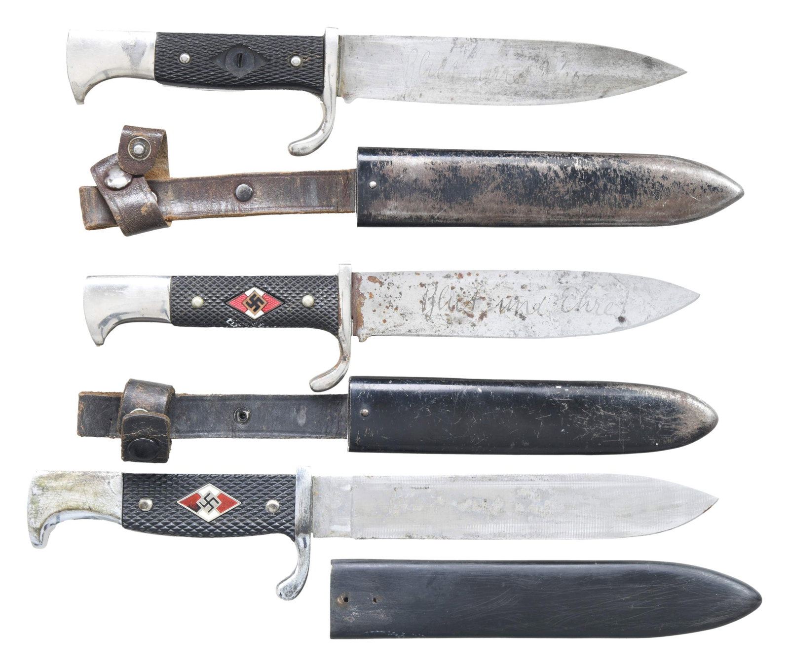 3 HJ BELT KNIVES: 1) WWII era HJ belt knife measuring 10" overall with a blade etched "Blut und Ehre!" on the face. The opposite side is marked "RZM M 7/31 1936" & "EICHENLAUB (logo) SOLINGEN". Plated guard and pommel 